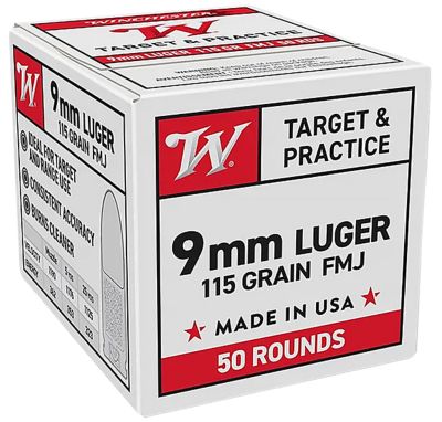 Winchester Ammo 9mm Luger 115-Grain Full Metal Jacket Handgun Ammunition, 50 Rounds, W9MM50
