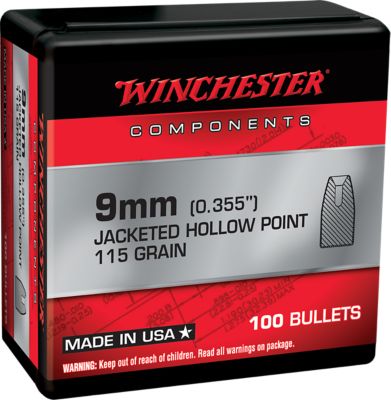 Winchester Ammo 9mm 115-Grain Jacketed Hollow Point Reloading Handgun Bullets, 100 Rounds