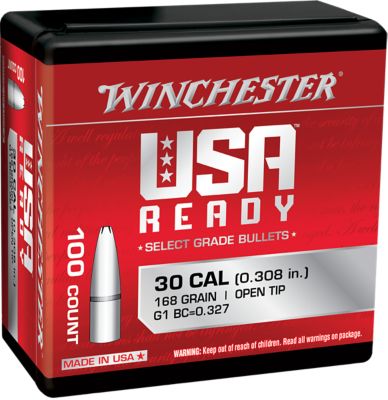 Winchester Ammo .308 Win 168-Grain Open Tip Reloading Rifle Bullets, 100 Rounds
