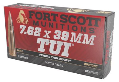 Fort Scott Munitions Tumble Upon Impact (TUI) 7.62X39mm 117-Grain Solid Copper Spun Rifle Ammunition, 20 Rounds