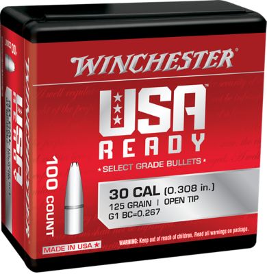 Winchester Ammo .308 Win 125-Grain Open Tip Reloading Rifle Bullets, 100 Rounds
