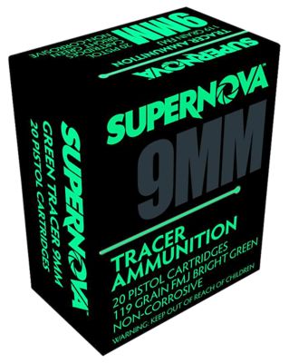 EAA Supernova Green Tracer Non-Corrosive 9mm Luger 119-Grain Full Metal Jacket Handgun Ammunition, 20 Rounds