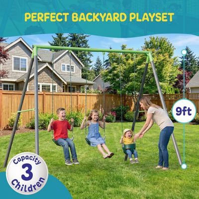 Image showing  9 ft. Heavy-Duty Metal Swing Set for Kids & Adults with 3-Swing Design, 1 Bucket Swing & 2 Belt Swing
