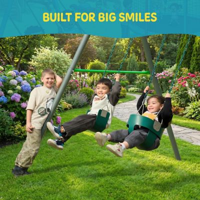 Image showing  9 ft. Heavy-Duty Metal Swing Set for Kids & Adults with 3-Swing Design, 1 Bucket Swing & 2 Belt Swing