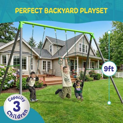Image showing  9 ft. Heavy-Duty Metal Swing Set with 3-Swing Design, 1 Bucket Swing, 1 Belt Swing & 1 Trapeze Swing