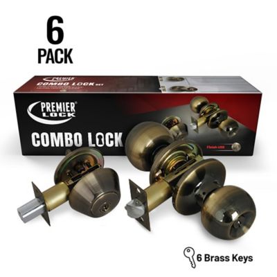 Grip Tight Tools Antique Brass Entry Lock Set Door Knob & Deadbolt with 36 SC1 Keys, (6 pk., Keyed Alike)