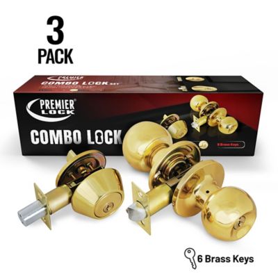 Grip Tight Tools Solid Brass Entry Lock Set Door Knob & Deadbolt with 18 SC1 Keys, 3 pk., Keyed Alike