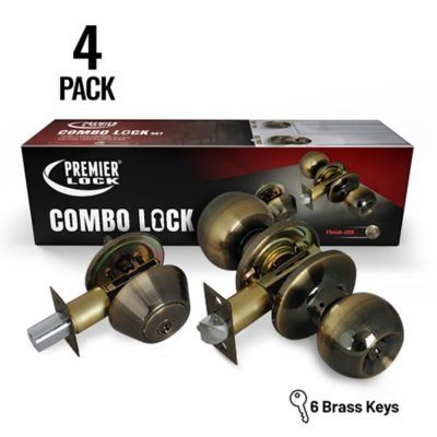 Grip Tight Tools Antique Brass Entry Lock Set Door Knob & Deadbolt with 24 SC1 Keys, 4 pk., Keyed Alike