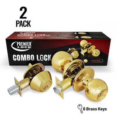 Grip Tight Tools 2 pk. Entry Door Knob Combo Lock Set with Deadbolt and 12 SC1 Keys - Polished Brass Finish