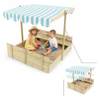 Image showing  Kids Outdoor Wooden Square Sandbox with Lid, Bench Seat, Adjustable Canopy and Bottom Liner, UV-Protection, Ages 3+