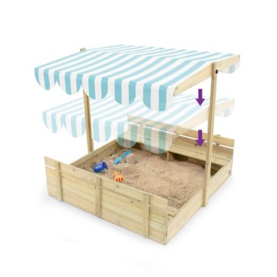 Image showing  Kids Outdoor Wooden Square Sandbox with Lid, Bench Seat, Adjustable Canopy and Bottom Liner, UV-Protection, Ages 3+