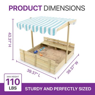 Image showing  Kids Outdoor Wooden Square Sandbox with Lid, Bench Seat, Adjustable Canopy and Bottom Liner, UV-Protection, Ages 3+