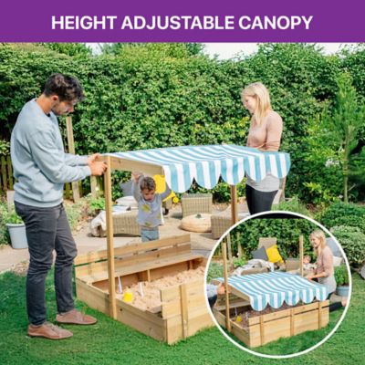 Image showing  Kids Outdoor Wooden Square Sandbox with Lid, Bench Seat, Adjustable Canopy and Bottom Liner, UV-Protection, Ages 3+