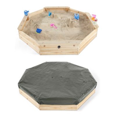 Image showing  Wooden Large Octagon Sandbox with Cover - Outdoor Wooden Sand Pit with Seat Boards and Bottom Liner, Weatherproof, Ages 3+