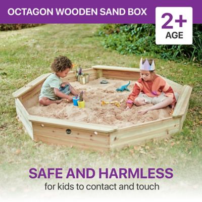 Image showing  Wooden Large Octagon Sandbox with Cover - Outdoor Wooden Sand Pit with Seat Boards and Bottom Liner, Weatherproof, Ages 3+