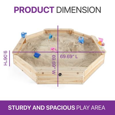 Image showing  Wooden Large Octagon Sandbox with Cover - Outdoor Wooden Sand Pit with Seat Boards and Bottom Liner, Weatherproof, Ages 3+