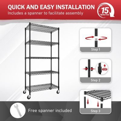Image showing  Black 5-Tier Steel Kitchen Shelf with Wheels, Storage Shelving Unit Bookcases, 35 x 18 x 71in.