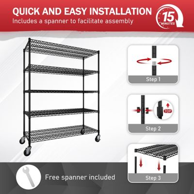 Image showing  Black 5-Tier Steel Kitchen Shelf with Wheels, Storage Shelving Unit Bookcases, 59 x 23 x 71in.