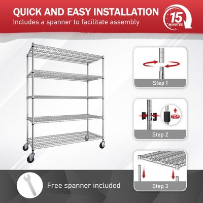 Image showing  Silver 5-Tier Steel Kitchen Shelf with Wheels, Storage Shelving Unit Bookcases, 59 x 23 x 71in.