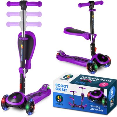 SKIDEE Foldable 3 Wheel Kick Scooter for Kids 3-5, Removable Seat & LED Light Wheels, Lean-to-Steer, Adjustable Height