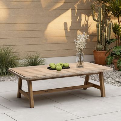 Image showing  Outdoor Acacia Wood Coffee Table with Woven Wicker Edge, Patio Furniture Accent