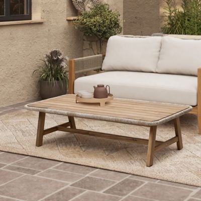 Image showing  Outdoor Acacia Wood Coffee Table with Woven Wicker Edge, Patio Furniture Accent