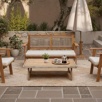 Image showing  Outdoor Acacia Wood Coffee Table with Woven Wicker Edge, Patio Furniture Accent