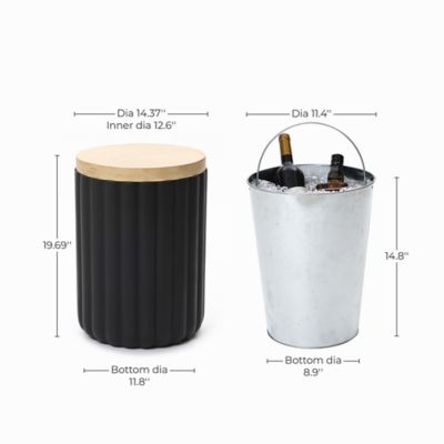 Image showing  Black Fluted Round Patio Side Table with Removable Lid and Galvanized Metal Ice Bucket