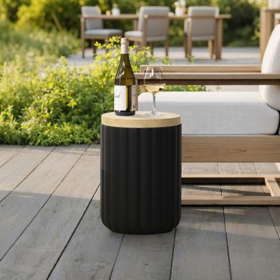 Image showing  Black Fluted Round Patio Side Table with Removable Lid and Galvanized Metal Ice Bucket