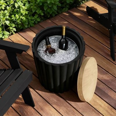 Image showing  Black Fluted Round Patio Side Table with Removable Lid and Galvanized Metal Ice Bucket