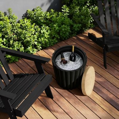 Image showing  Black Fluted Round Patio Side Table with Removable Lid and Galvanized Metal Ice Bucket