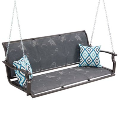 Image showing  Heavy Duty Porch Swing 900 lb. Textilene Hanging Bench 3-Seat with Pillows Weather-Resistant Outdoor Patio Backyard