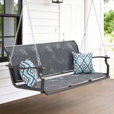 Image showing  Heavy Duty Porch Swing 900 lb. Textilene Hanging Bench 3-Seat with Pillows Weather-Resistant Outdoor Patio Backyard