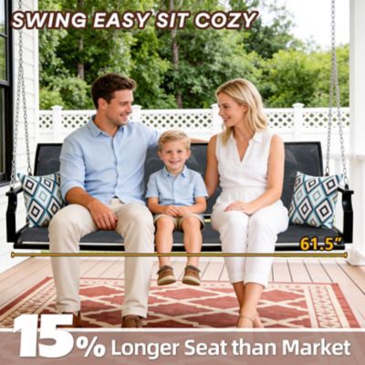 Image showing  Heavy Duty Porch Swing 900 lb. Textilene Hanging Bench 3-Seat with Pillows Weather-Resistant Outdoor Patio Backyard