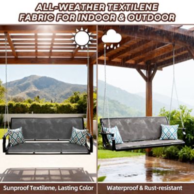 Image showing  Heavy Duty Porch Swing 900 lb. Textilene Hanging Bench 3-Seat with Pillows Weather-Resistant Outdoor Patio Backyard