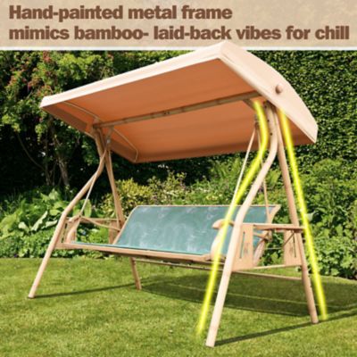 Image showing  3-Person Patio Swing Adjustable Canopy Cup Holders Textilene Fabric Stand 800 lb.
