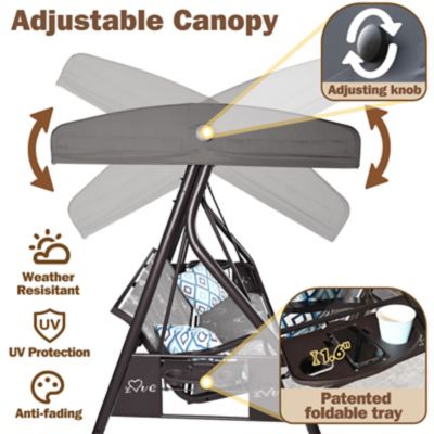 Image showing  3-Person Patio Swing Adjustable Canopy Cup Holders Textilene Fabric Stand 800 lb.