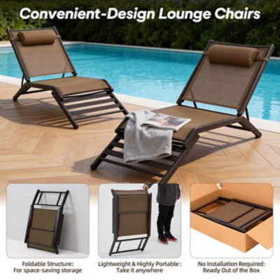 Image showing  Chaise Lounge Outdoor Set of 2 Adjustable Back Textilene Pool Chairs Deck Lawn Poolside Backyard