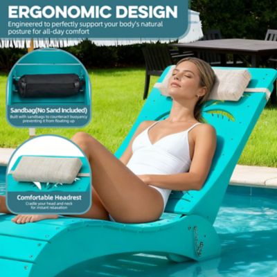Image showing  Pool Lounge Chairs Set of 2 HDPE Sun Shelf 9 in. 3-Position Adjustable Backrest Headrest Ergonomic Fade-Resistant, Blue