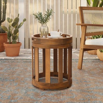Image showing  Acacia Outdoor Drum Side Table, Round Patio Table with Removable Tray Top & Oil Finish