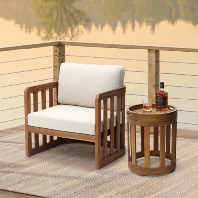 Image showing  Acacia Outdoor Drum Side Table, Round Patio Table with Removable Tray Top & Oil Finish