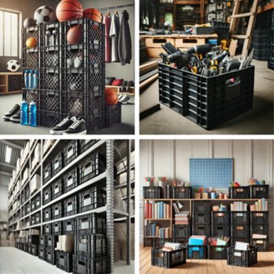 Image showing  Heavy-Duty Black Milk Crates for Storage, Organization, & More - Versatile & Durable Stackable