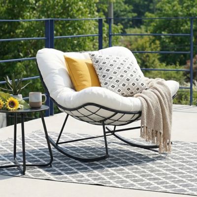 Image showing  Oversized Papasan Rocking Chair Indoor Outdoor with Cushion, Rocking Egg Chair for Balcony, Backyard