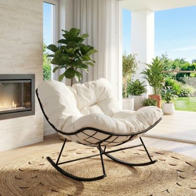 Image showing  Oversized Papasan Rocking Chair Indoor Outdoor with Cushion, Rocking Egg Chair for Balcony, Backyard