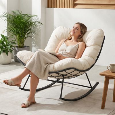 Image showing  Oversized Papasan Rocking Chair Indoor Outdoor with Cushion, Rocking Egg Chair for Balcony, Backyard