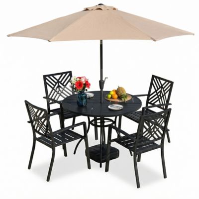 Sour Citrus 7-Piece Patio Dining Set with Umbrella, Stackable Chairs and Table Set for Garden, Backyard, Poolside