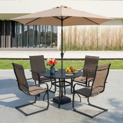 Sour Citrus 7 pc. Patio Dining Set with Umbrella, Textilene Patio Sling Chairs and Table Set for Garden