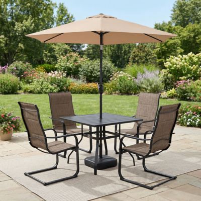 Sour Citrus 7 pc. Patio Dining Set with Umbrella, Textilene Patio Sling Chairs and Square Table Set for Garden
