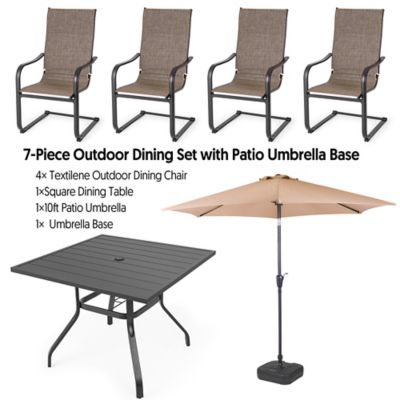 Image showing  7 pc. Patio Dining Set with Umbrella, Textilene Patio Sling Chairs and Square Table Set for Garden