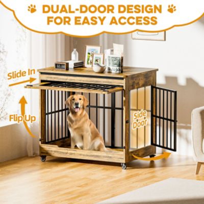 Image showing  42 in. Wooden Dog Crate Furniture, Double Door Kennel End Table with Wheels for Large Breed Dogs, Size XL, Rustic Brown